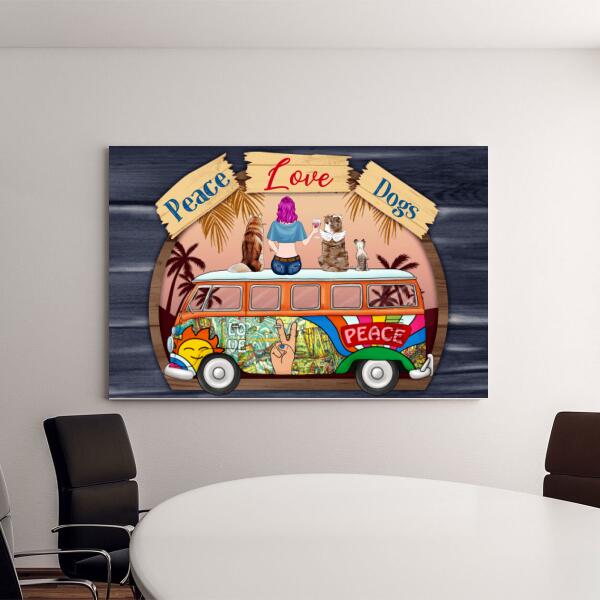 Personalized Canvas, Hippie Girl with Dogs On Bus, Gift for Hippie and Dog Lovers