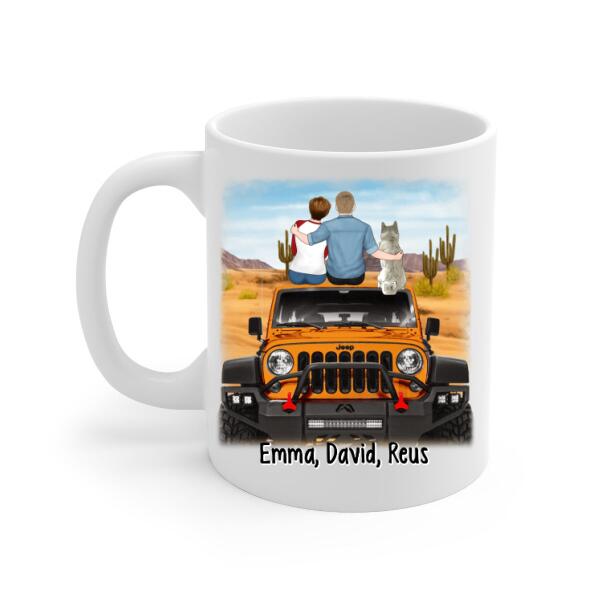 Personalized Mug, Couple With Pets Sitting On Car - And So The Adventure Begins, Gift For Couple, Car Lovers, Dog Lovers, Cat Lovers