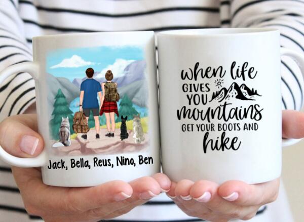 Personalized Mug, Hiking Couple With Dogs, Gift For Hikers And Dog Lovers