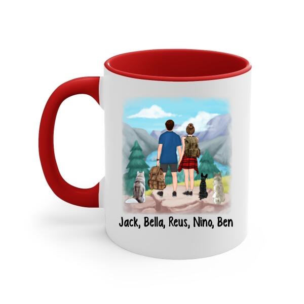 Personalized Mug, Hiking Couple With Dogs, Gift For Hikers And Dog Lovers