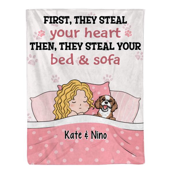 Personalized Blanket, Sleeping With Pets, First They Steal Your Heart Then They Steal Your Bed, Gift For Dog Lovers, Cat Lovers