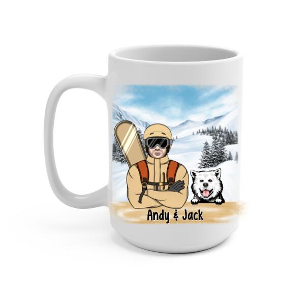 Personalized Mug, Snowboarding Man With Dogs, Gift For Snowboarders And Dog Lovers