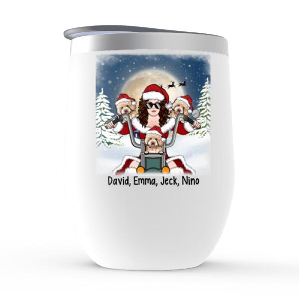 Personalized Wine Tumbler, Motorcycle Woman With Dogs, Christmas Gift For Bikers And Dog Lovers