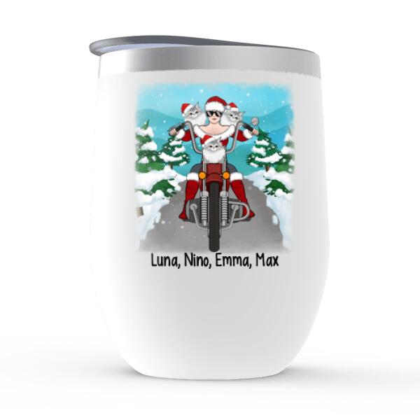 Personalized Wine Tumbler, Motorcycle Girl With Cats, Christmas Gift For Bikers And Cat Lovers