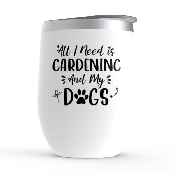 Personalized Wine Tumbler, A Girl Gardening With Dogs, Gift For Gardeners And Dog Lovers