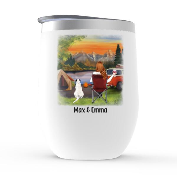 Personalized Wine Tumbler, Girl Camping With Dogs, Gift For Campers, Gift For Dog Lovers