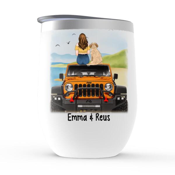 Personalized Wine Tumbler, Girl With Pets Sitting On Car - Adventure Partners For Life, Gift For Car Lovers, Dog Lovers, Cat Lovers