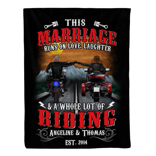 Personalized Blanket, Two Bikers - This Marriage Runs On Riding, Gift for Motorcycle Lovers