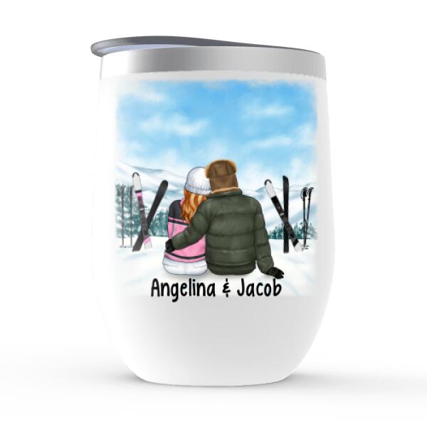 Skiing Couple Sitting Together - Personalized Wine Tumbler For Her, Him, Skiing