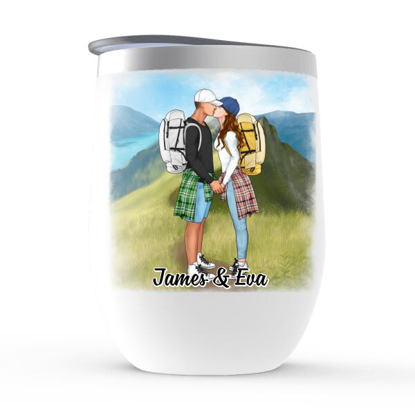 Kissing Hiking Couple - Personalized Wine Tumbler For Her, Him
