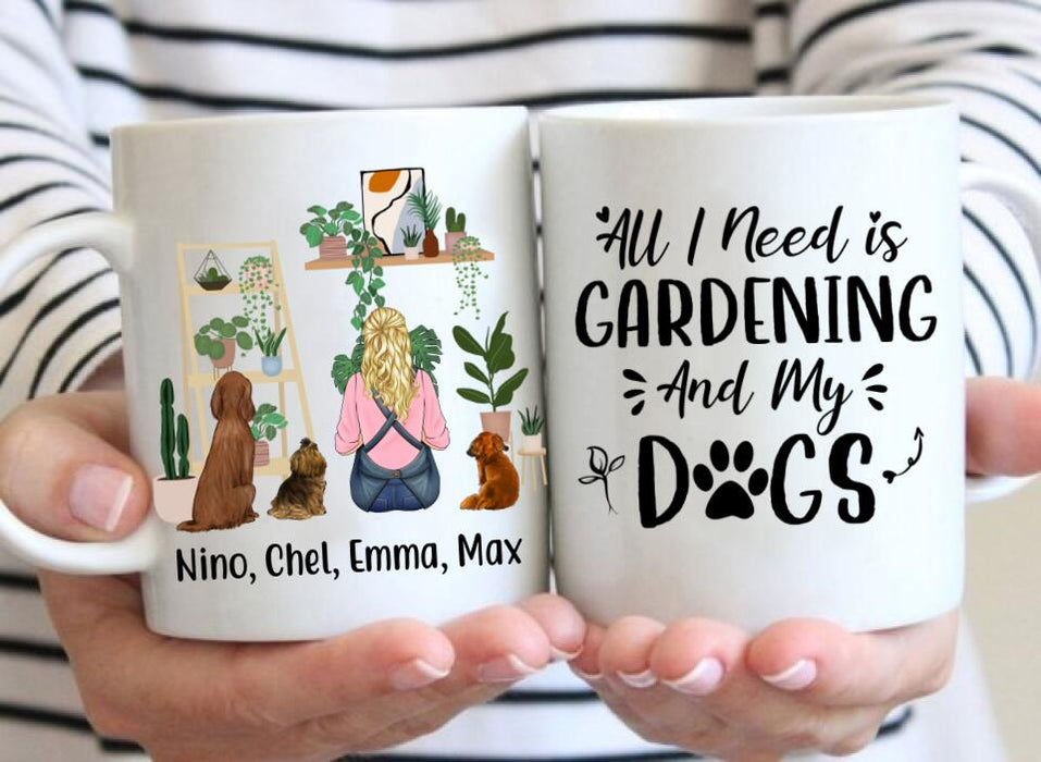 Personalized Mug, A Girl Gardening With Dogs, Gift For Gardeners, Dog Lovers