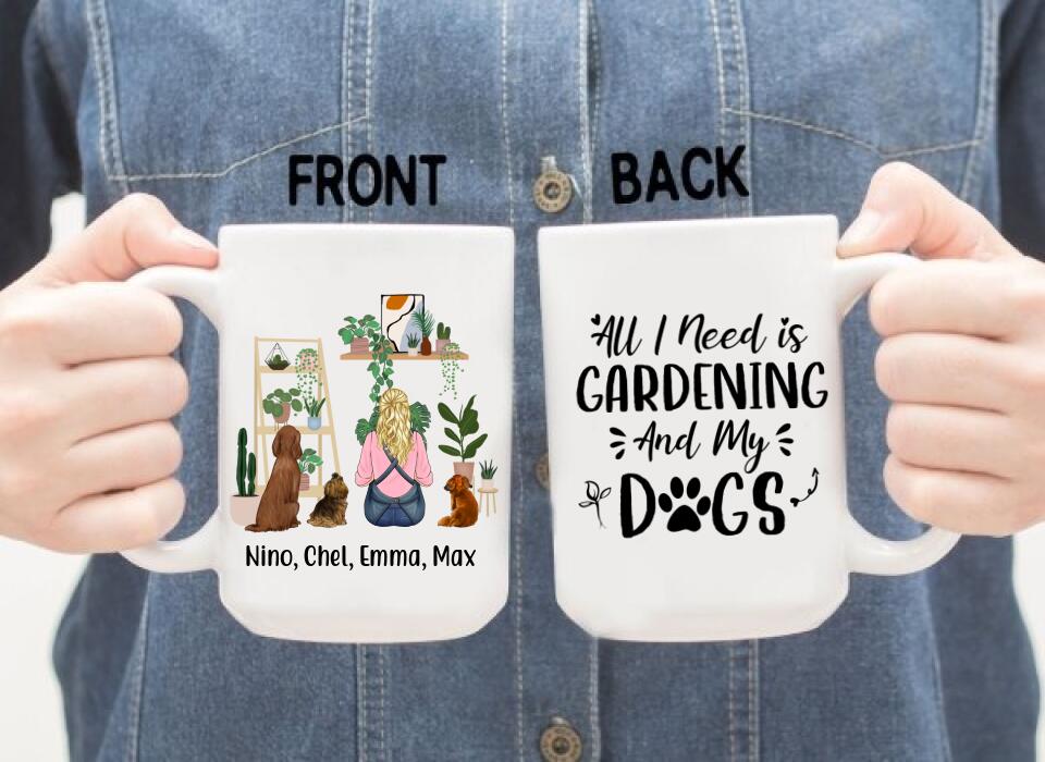 Personalized Mug, A Girl Gardening With Dogs, Gift For Gardeners, Dog Lovers