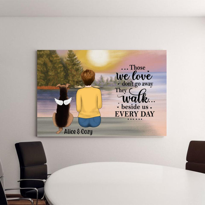Personalized Canvas, Woman With Dog, Cat By The River, Memorial Gift for Dog Loss, Cat Loss
