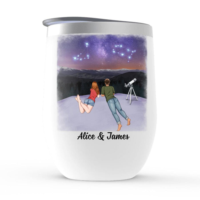 Our Love Is Written In The Stars - Personalized Wine Tumbler For Couples, Family, Astronomy Lovers