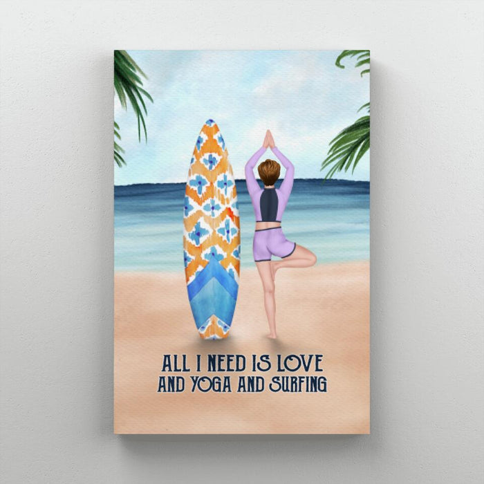Personalized Canvas, Surfing Woman Doing Yoga, Gift for Surfing and Yoga Lovers