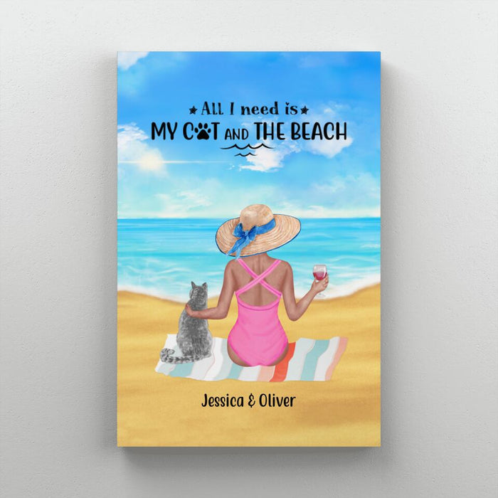Personalized Canvas, Woman Drinking On Beach With Cats, Gift for Beach, Cat Lovers