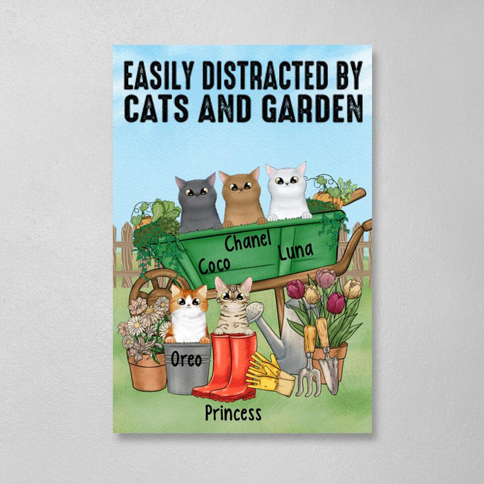 Personalized Canvas, Up to 5 Cats, Easily Distracted By Cats And Garden, Gift For Cat Lovers