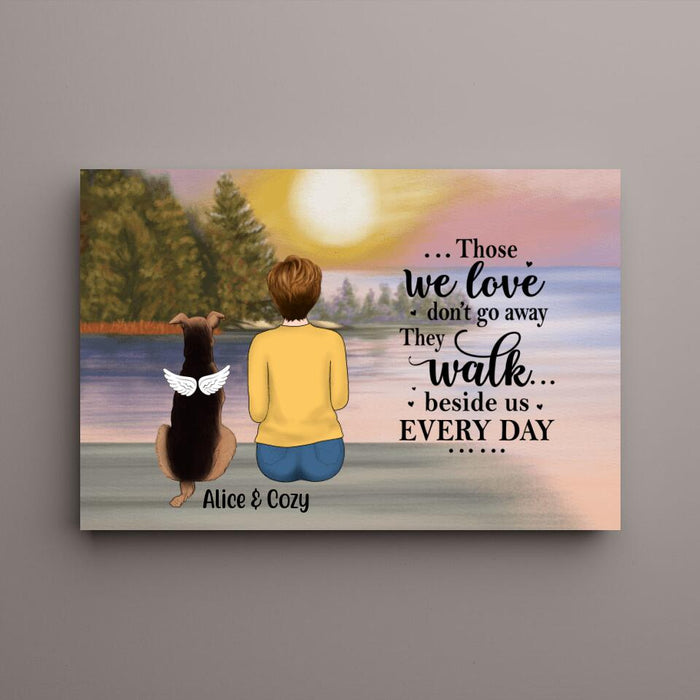 Personalized Canvas, Woman With Dog, Cat By The River, Memorial Gift for Dog Loss, Cat Loss
