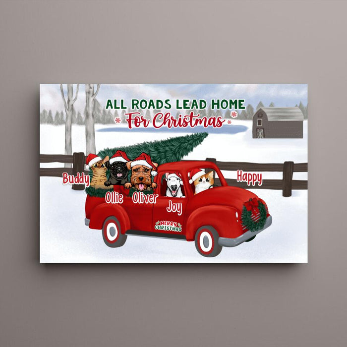 Personalized Canvas, All Roads Lead Home For Christmas, Up To 5 Dogs, Cats, Christmas Gift For Family, Dog, Cat Lover