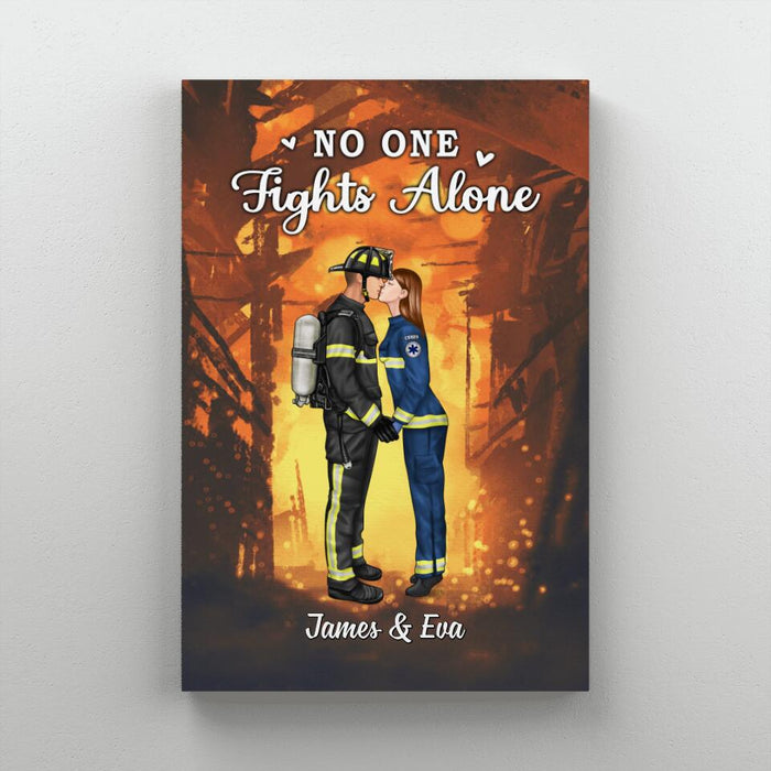 No One Fights Alone Couples - Personalized Canvas Firefighter, EMS, Nurse, Police Officer, Military
