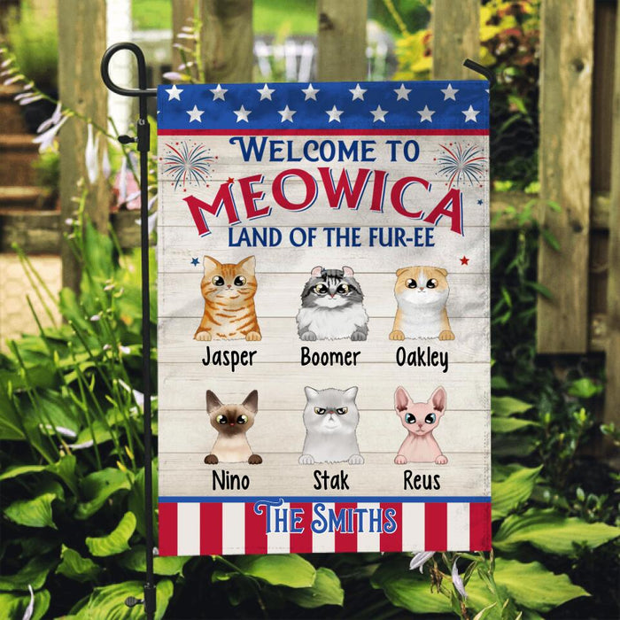 Welcome To Meowica Land Of The Furee - Personalized Garden Flag For Cat Lovers