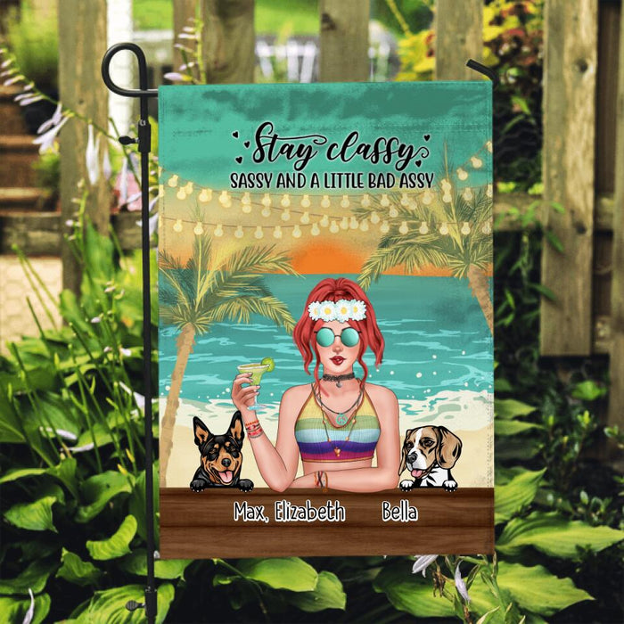 Personalized Garden Flag, Hippie Girl with Dogs On The Beach, Gifts For Hippie and Dog Lovers