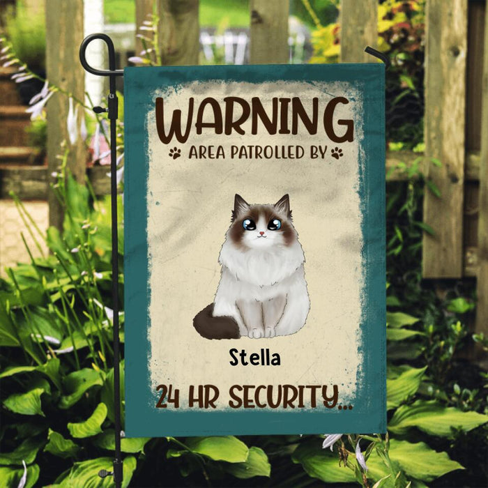 Personalized Garden Flag, Warning Area Patrolled By 24 Hr Security, Custom Gift For Cat Lovers