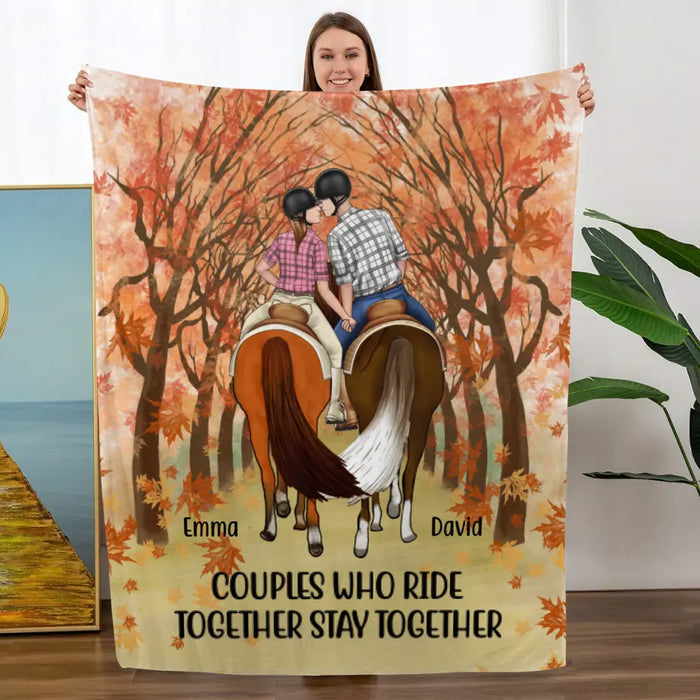 Personalized Blanket, Horseback Riding Couple Holding Hand - Couples Who Ride Together Stay Together, Gift For Horse Lovers