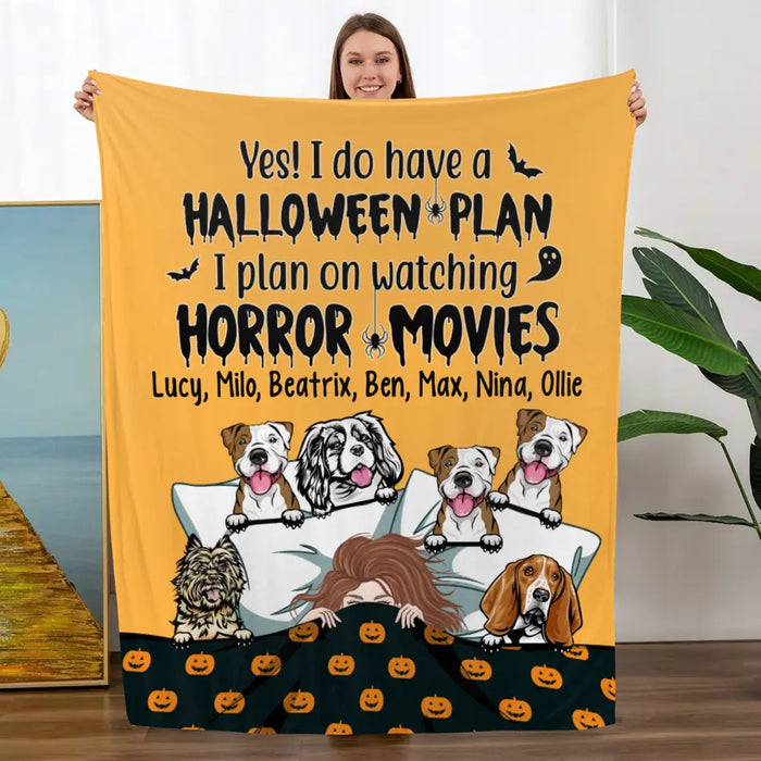 Personalized Blanket, Up To 6 Dogs, Sleeping Girl With Dogs, Yes I Do Have A Halloween Plan, Halloween Gift For Dog Lovers