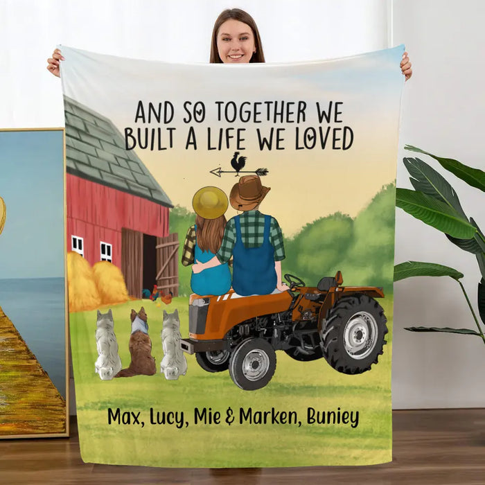 Personalized Blanket, Farming Couple On Tractor With Dogs, Gift For Farmers, Gift For Dog Lovers