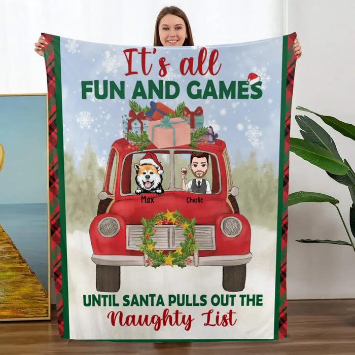 Personalized Blanket, Man With Pets In Christmas Car, Christmas Gift for Dog Lover, Cat Lover