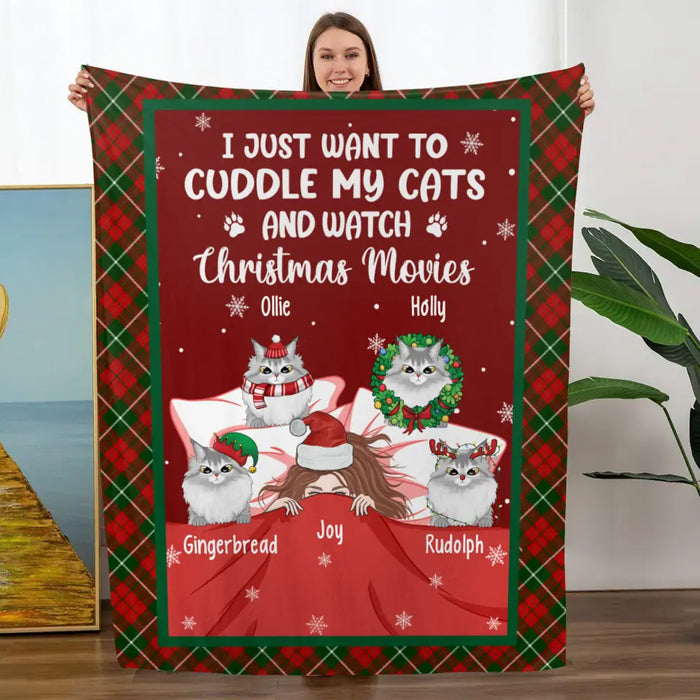 Personalized Blanket, I Just Want To Cuddle My Cats And Watch Christmas Movies, Christmas Gift For Cat Lovers