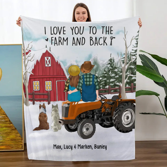 Personalized Blanket, Farming Couple On Tractor With Dogs, Winter Theme, Gift For Farmers And Dog Lovers