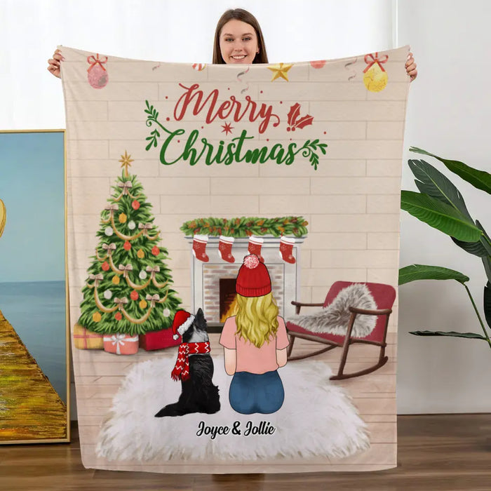 Personalized Blanket, Merry Christmas Girl with Dogs, Xmas Gift for Dog Lovers