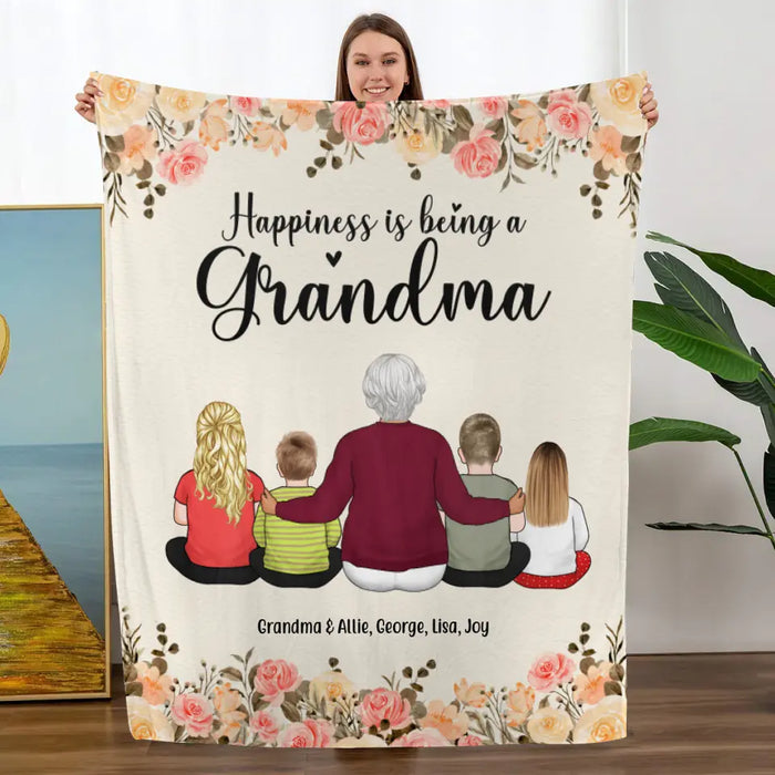 Happiness Is Being A Grandma, Upto 4 Kids - Personalized Gifts Custom Blanket For Grandma