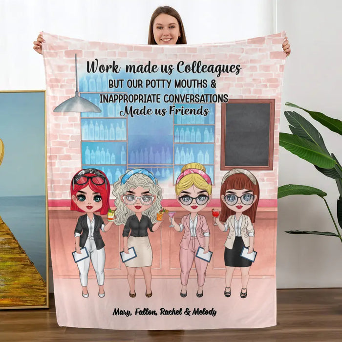 Personalized Blanket, Up To 4 Women, Gift For Friends, Colleagues, Work Made Us Colleagues, Chibi Drinking Sisters At Cocktail Bar