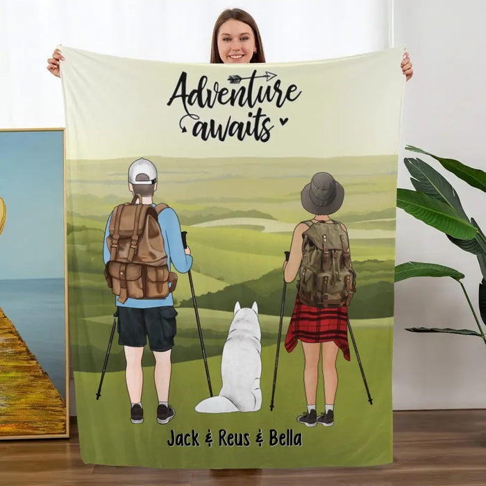 Hiking Couple And Dogs - Personalized Blanket For Her, Him, Dog Lovers, Hiking