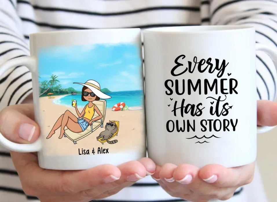 Every Summer Has Its Own Story - Personalized Gifts Custom Beach Mug for Cat Mom, for Cat Dad, Beach Lovers