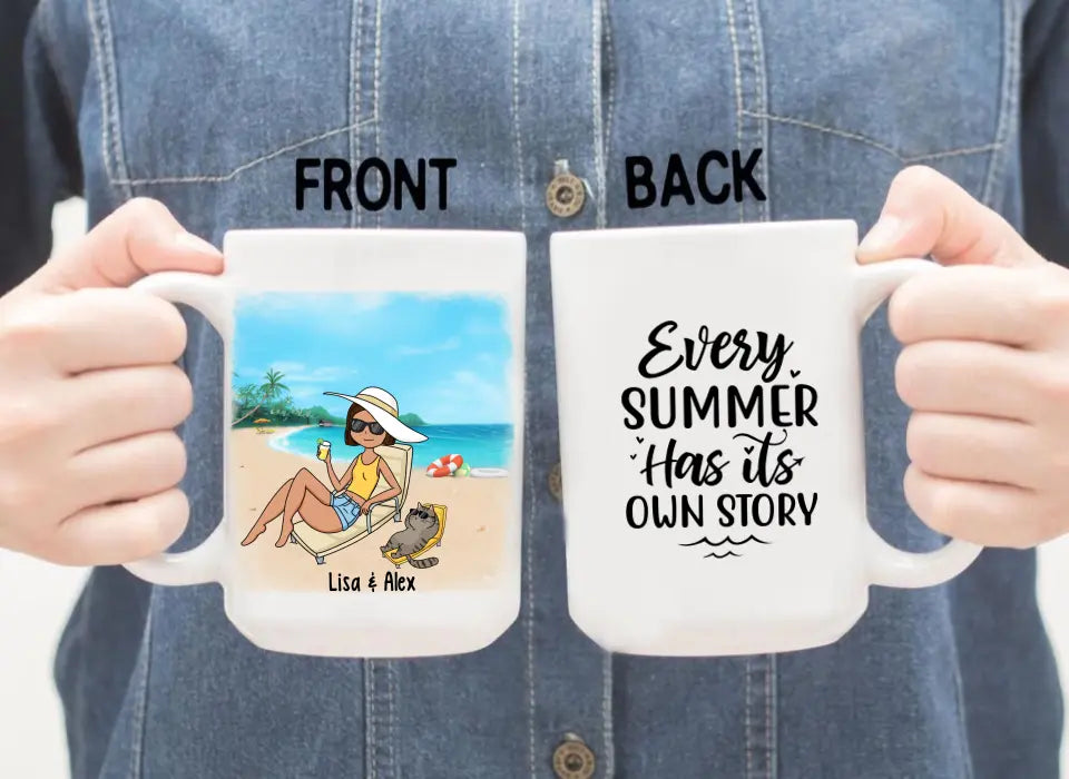 Every Summer Has Its Own Story - Personalized Gifts Custom Beach Mug for Cat Mom, for Cat Dad, Beach Lovers