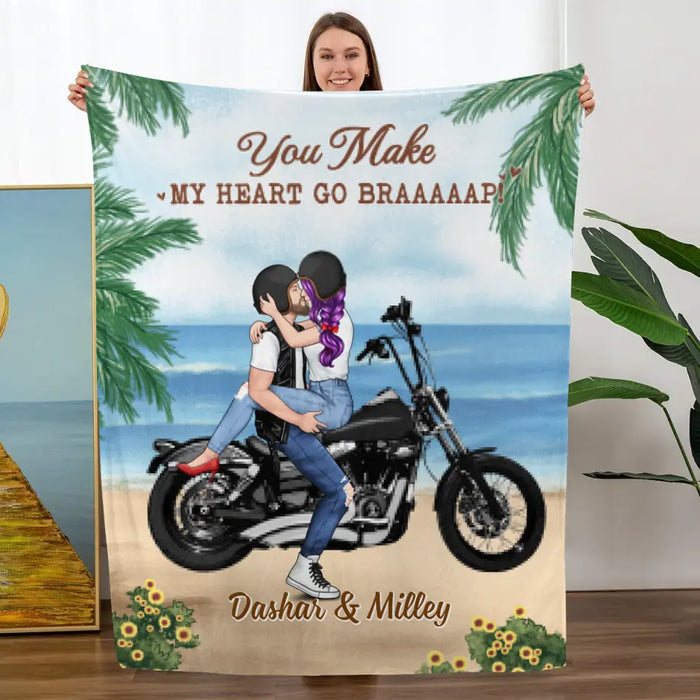 You Make My Heart Go Braaap - Personalized Gifts Custom Motorcycle Blanket For Couples, Motorcycle Lovers