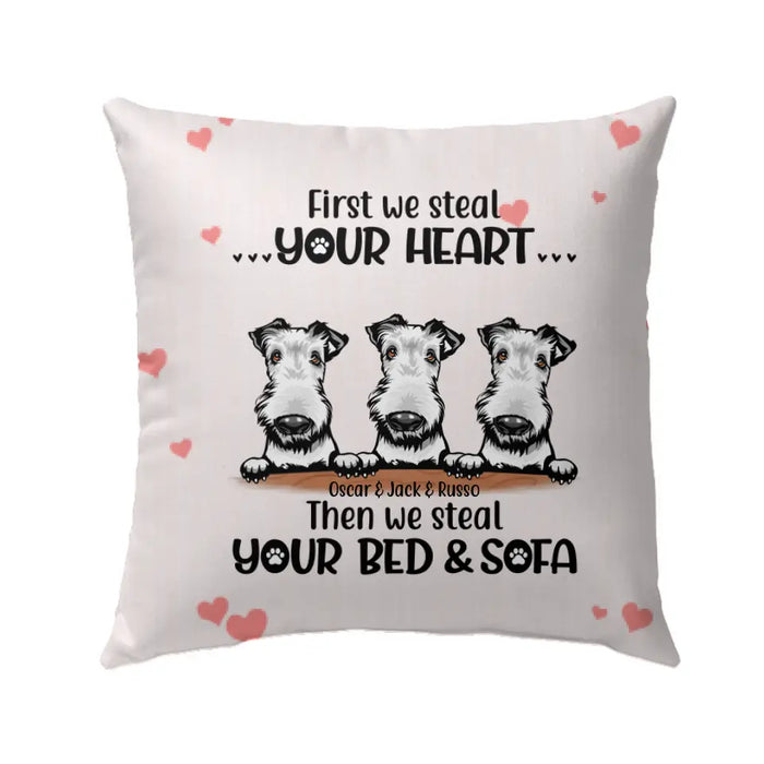Personalized Pillow, First I Steal Your Heart Then I Steal Your Bed & Sofa Custom Gift For Dog Lovers