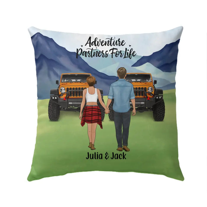Personalized Pillow, Couple Holding Hands, Adventure Partners, Gift for Friends, Car Lovers