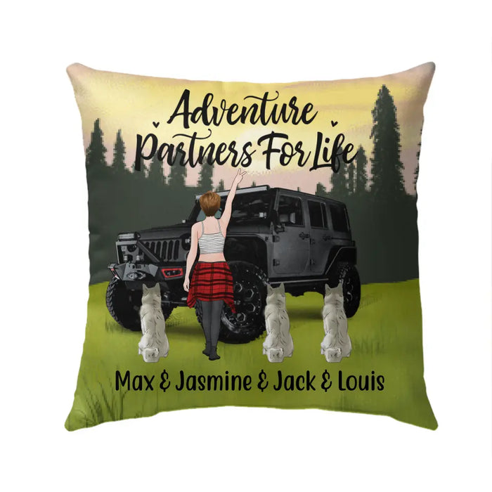 Personalized Pillow, Adventure Girl With Cats And Dogs, Custom Gift For Dogs and Car Lovers