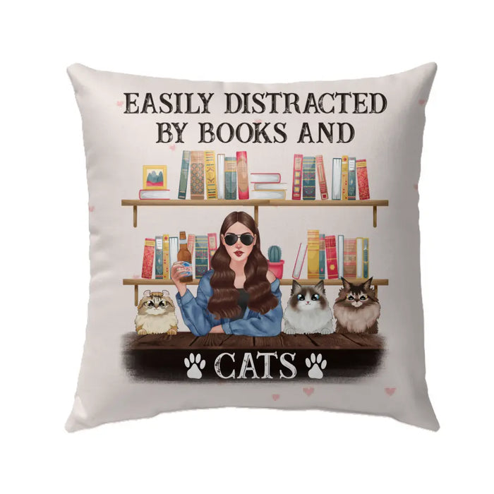 Personalized Pillow, Easily Distracted By Books And Cats, Gifts For Book Lovers, Cat Lovers