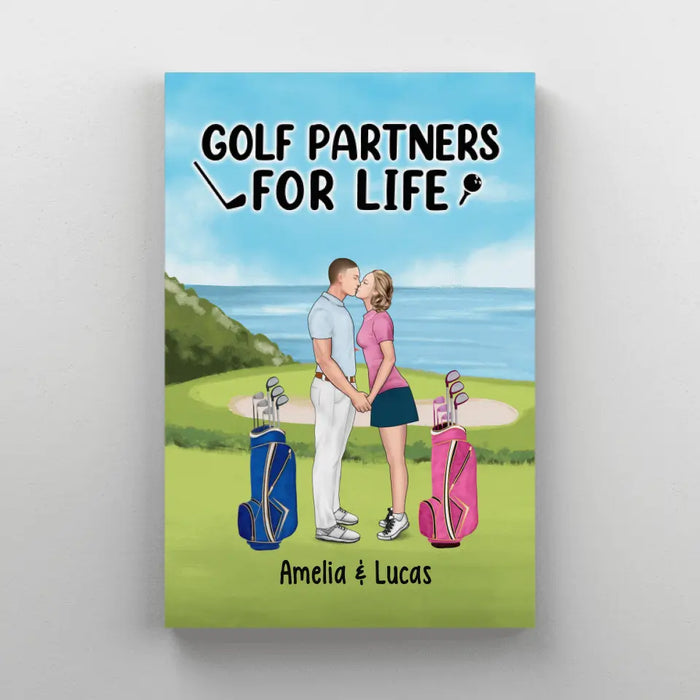 Golf Partners for Life Kissing on a Golf Course - Personalized Gifts Custom Golf Canvas for Couples, Golf Lovers