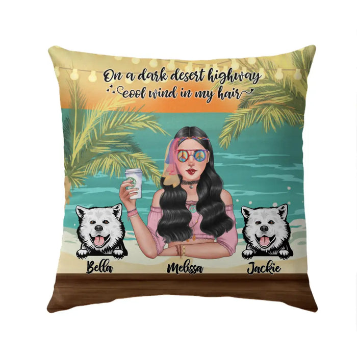 Personalized Pillow, Hippie Girl with Dogs On The Beach, Gifts For Hippie and Dog Lovers