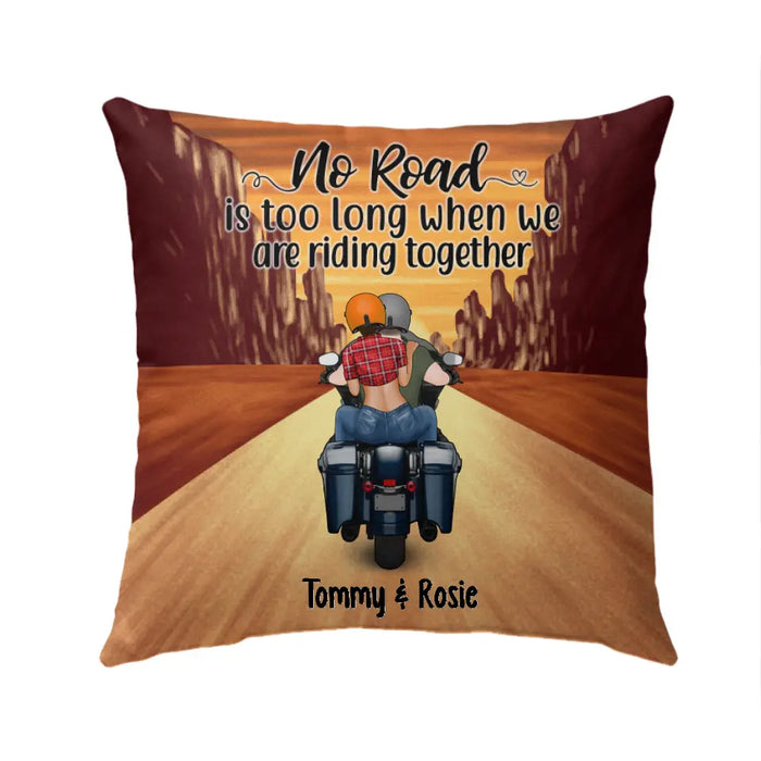 Personalized Pillow, Motorcycle Couple, No Road Is Too Long, Gift For Biker Couple, Motorcycle Lovers