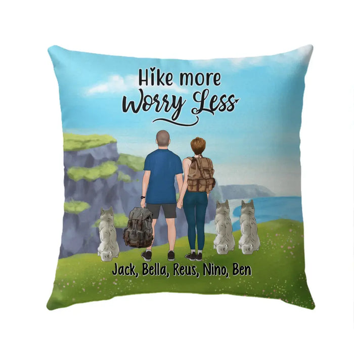 Personalized Pillow, Hiking Couple With Dogs, Gift For Hikers And Dog Lovers