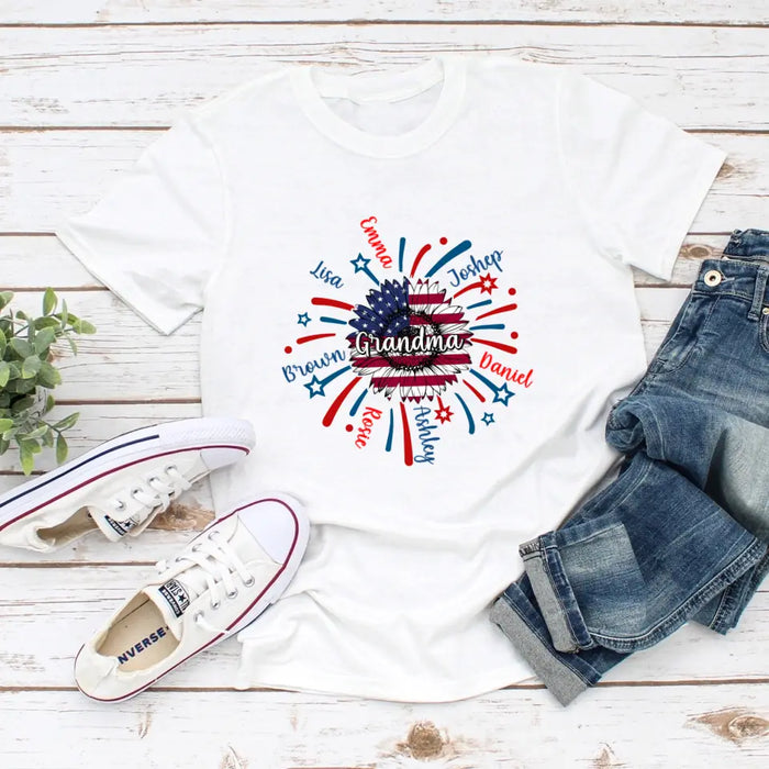 Grandma Sunflower American Flag Custom Kids Name - Personalized Gifts Custom Shirt Nana for Grandma