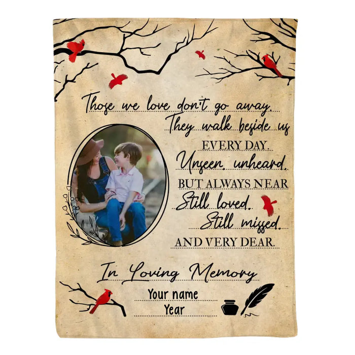 Those We Love Don't Go Away They Walk Beside Us Every Day - Personalized Photo Upload Gifts Custom Memorial Blanket for Mom, for Dad